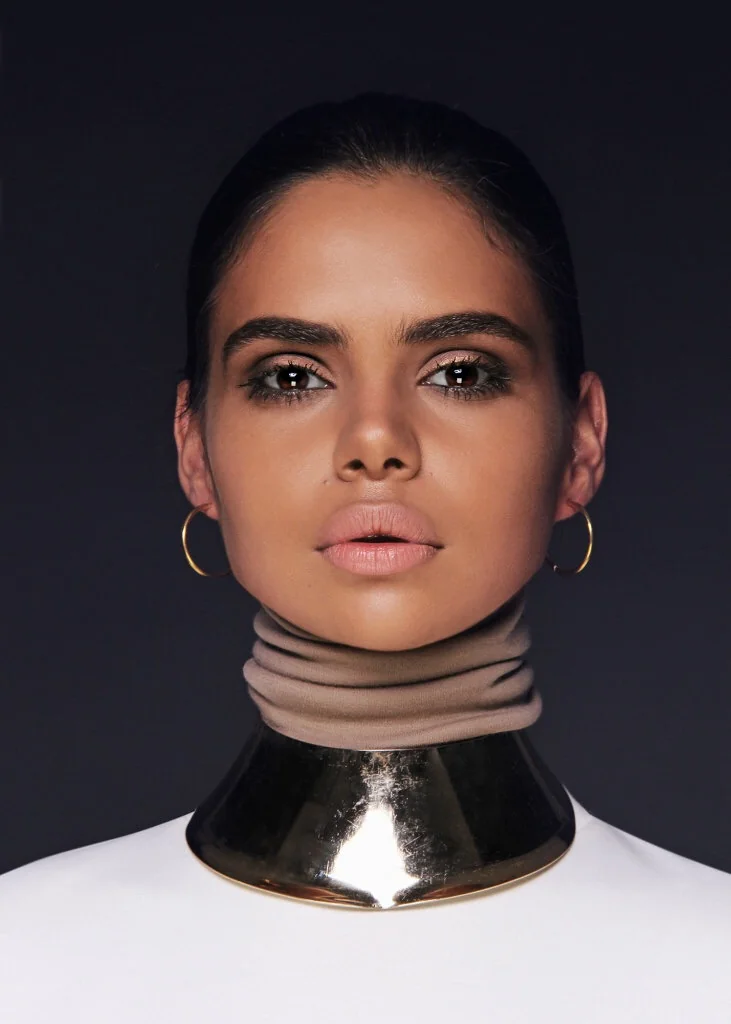 Bare-skin gold-collar fashion beauty editorial by Bonnie Gillies