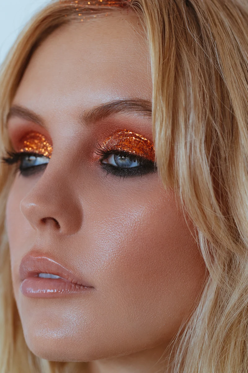 Copper glitter eye editorial close-up by Bonnie Gillies